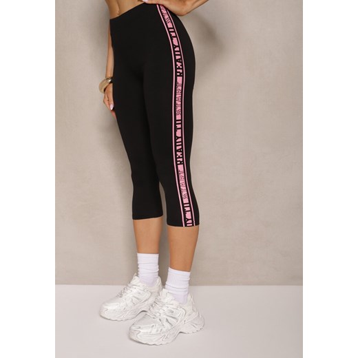 Czarno-Fuksjowe Legginsy Capri Low Waist z Bawełny Zdobione Lampasami Paseria Renee S wyprzedaż renee.pl