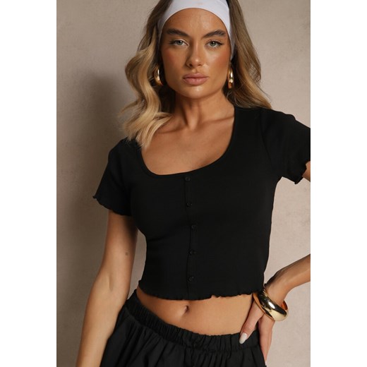 Czarny Dopasowany T-shirt z Bawełny Zdobiony Guzikami Filinnea ze sklepu renee.pl w kategorii Bluzki damskie - zdjęcie 183671683