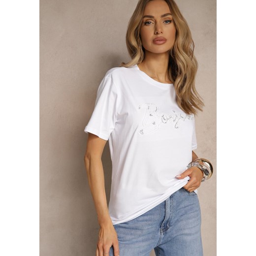 Biały Bawełniany T-shirt Zdobiony Haftowanym Napisem z Cekinami Ulionis ze sklepu renee.pl w kategorii Bluzki damskie - zdjęcie 183673372