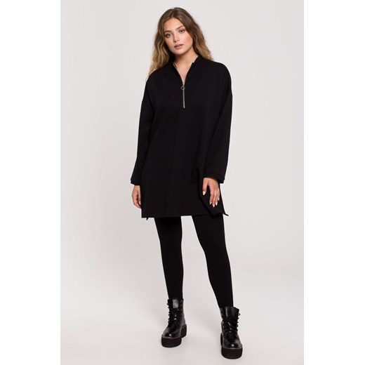 Bluza - tunika z zamkiem i rozporkami po bokach - czarna ze sklepu Cudmoda w kategorii Bluzy damskie - zdjęcie 183696581