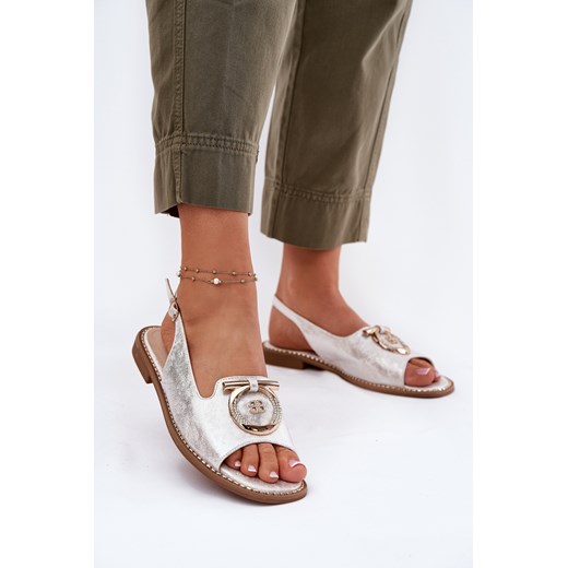 Damskie Eleganckie Sandały Płaskie Z Ozdobą Srebrne S.Barski KV51-003 ze sklepu ZAZOO w kategorii Sandały damskie - zdjęcie 183697361