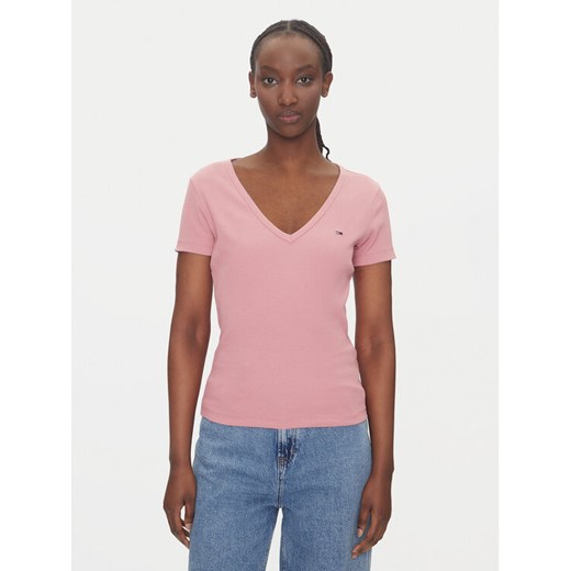 Tommy Jeans T-Shirt Essential DW0DW17385 Różowy Slim Fit ze sklepu MODIVO w kategorii Bluzki damskie - zdjęcie 183706652
