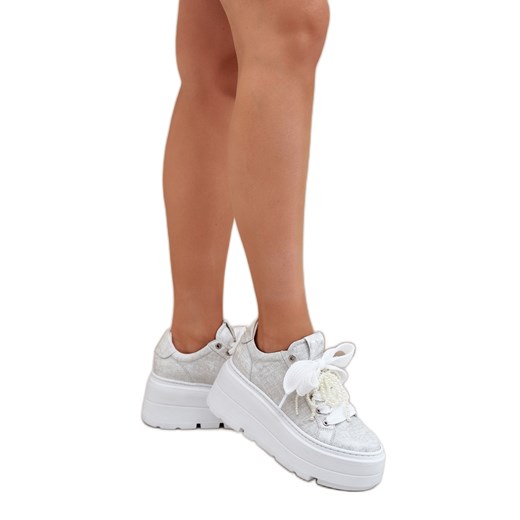 Skórzane Sneakersy Na Platformie CheBello 4658 Srebrne srebrny ze sklepu ButyModne.pl w kategorii Buty sportowe damskie - zdjęcie 183708420