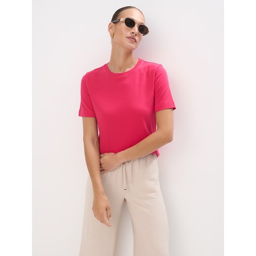 Mohito - Różowy t-shirt z merceryzowanej bawełny - fuksjowy ze sklepu Mohito w kategorii Bluzki damskie - zdjęcie 183719530