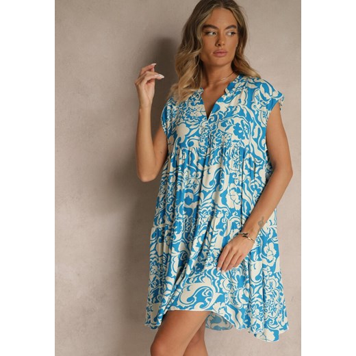 Niebieska Sukienka Oversize z Bawełny z Ornamentnym Wzorem Folazea ze sklepu renee.pl w kategorii Sukienki - zdjęcie 183722414