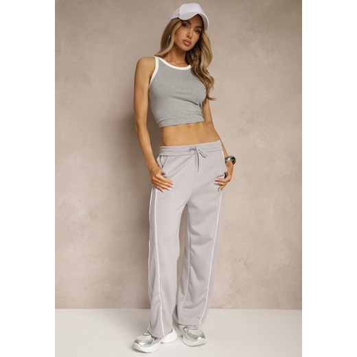 Jasnoszare Spodnie Dresowe z Bawełną o Szerokim Kroju High Waist z Paskami Salliara ze sklepu renee.pl w kategorii Spodnie damskie - zdjęcie 183736792