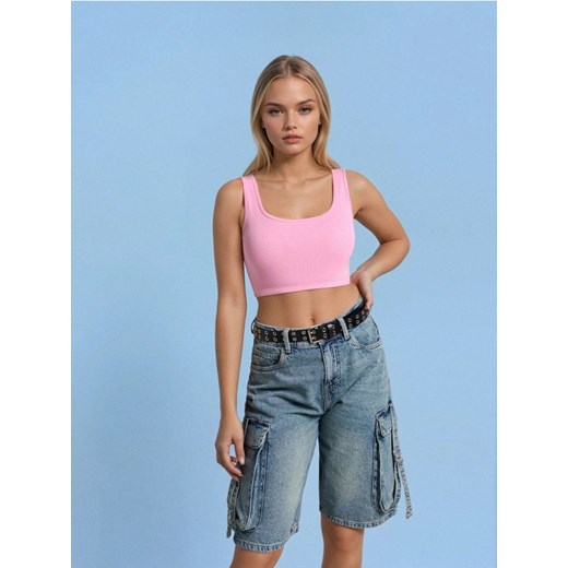 Sinsay - Bawełniany crop top w prążek - różowy ze sklepu Sinsay w kategorii Bluzki damskie - zdjęcie 183742442
