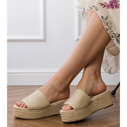 Espadryle damskie na platformie beżowe casual z tkaniny