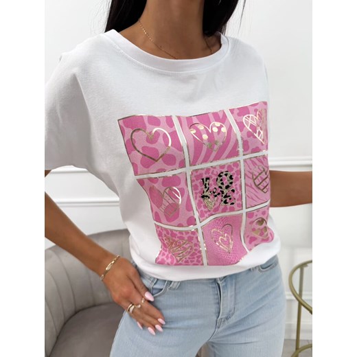 Biały Bawełniany T-shirt z Różowym Wzorem ze sklepu ModnaKiecka.pl w kategorii Bluzki damskie - zdjęcie 183753640