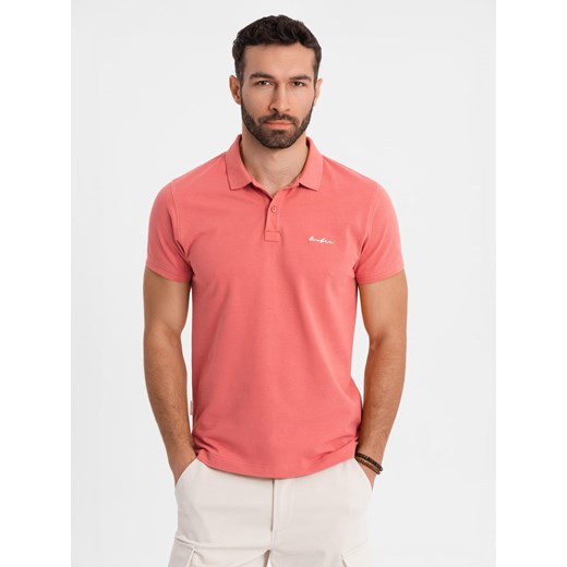Koszulka polo z bawełnianej dzianiny pique – koralowa V6 OM-POSS-0103 ze sklepu ombre w kategorii T-shirty męskie - zdjęcie 183769193