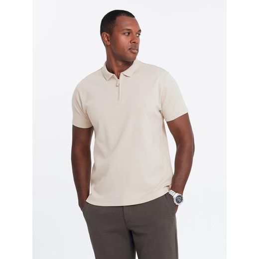 Koszulka męska polo z kołnierzykiem zapinanym na zamek – kremowa V3 OM-POSS-0132 ze sklepu ombre w kategorii T-shirty męskie - zdjęcie 183769252