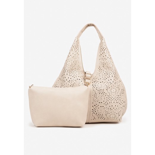 Beżowa Torebka Hobo Zdobiona Ażurową Perforacją z Dodatkową Saszetką Frolana ze sklepu renee.pl w kategorii Torby Shopper bag - zdjęcie 183784753