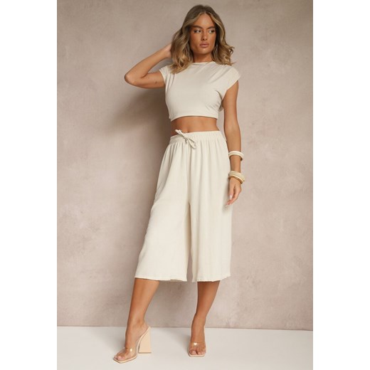 Beżowe Spodnie Kuloty z Bawełną High Waist Azetia ze sklepu renee.pl w kategorii Spodnie damskie - zdjęcie 183785233