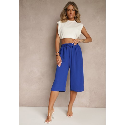 Niebieskie Spodnie Kuloty z Bawełną High Waist Azetia ze sklepu renee.pl w kategorii Spodnie damskie - zdjęcie 183785243