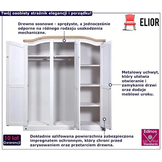 Szafa z potrójnymi drzwiami z drewna sosnowego biały + miodowy brąz - Emaro 5X Elior One Size okazja Edinos.pl