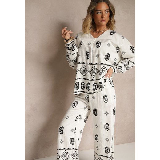Biało-Czarny Komplet w Stylu Etno Spodnie z Gumką w Pasie i Bluzka Oversize Eviralyn ze sklepu renee.pl w kategorii Komplety i garnitury damskie - zdjęcie 183786480