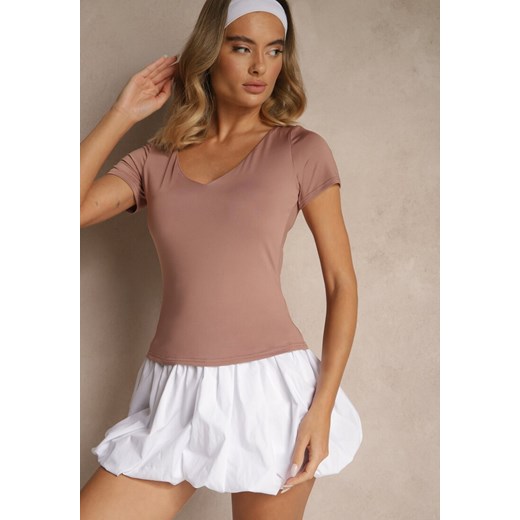 Ciemnoróżowy Dopasowany T-shirt z Wiskozą z Dekoltem w Kształcie Litery V Follerea ze sklepu renee.pl w kategorii Bluzki damskie - zdjęcie 183802710