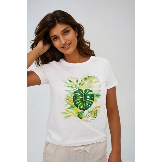 T-shirt z tropikalnym nadrukiem biały ze sklepu Moodo.pl w kategorii Bluzki damskie - zdjęcie 183827872