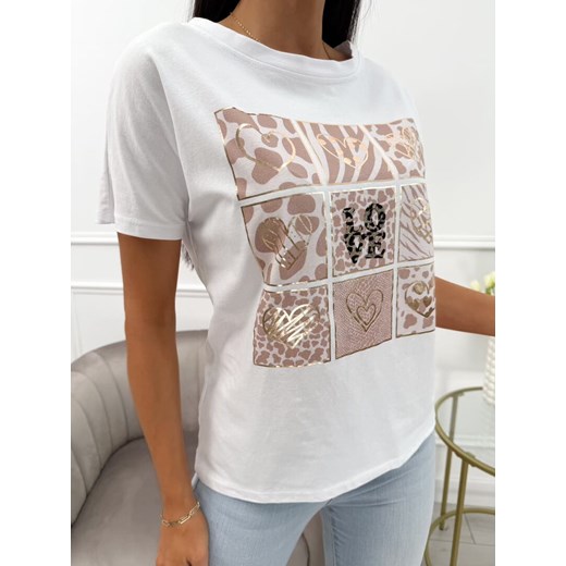 Biały Bawełniany T-shirt z Beżowym Wzorem ze sklepu ModnaKiecka.pl w kategorii Bluzki damskie - zdjęcie 183828291
