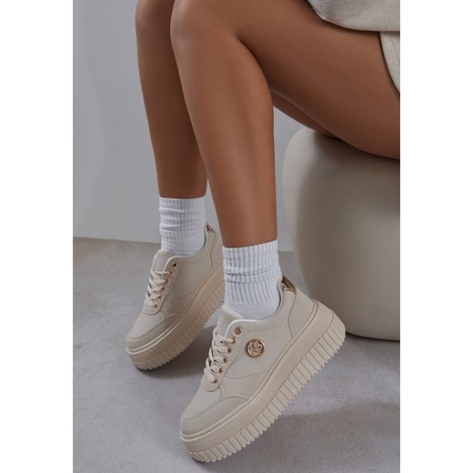 Beżowe Sneakersy Vices na Platformie z Tłoczeniem Ozdobione Metaliczną Aplikacją Eriri ze sklepu renee.pl w kategorii Buty sportowe damskie - zdjęcie 183836322