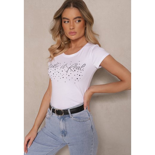 Biały T-shirt z Bawełny Ozdobiony Napisem i Cyrkoniami Zreadia ze sklepu renee.pl w kategorii Bluzki damskie - zdjęcie 183836701