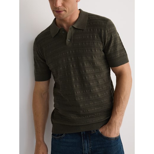 Reserved - Ażurowa koszulka polo z lnem - zielony ze sklepu Reserved w kategorii T-shirty męskie - zdjęcie 183847083