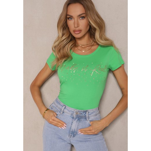 Zielony T-shirt z Bawełny Ozdobiony Napisem i Cyrkoniami Zreadia ze sklepu renee.pl w kategorii Bluzki damskie - zdjęcie 183849432