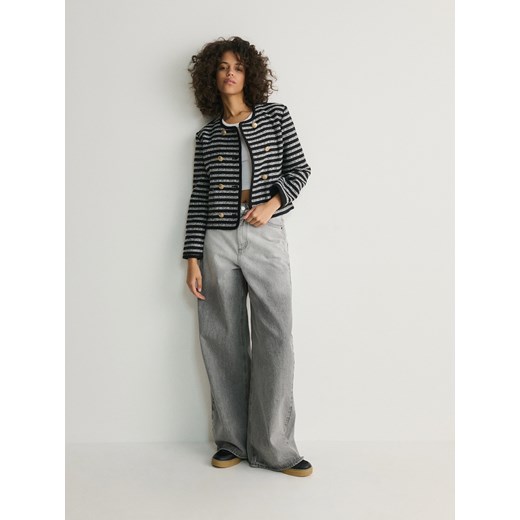 Reserved - Dwurzędowy żakiet w paski - ciemnoszary ze sklepu Reserved w kategorii Marynarki damskie - zdjęcie 183850554