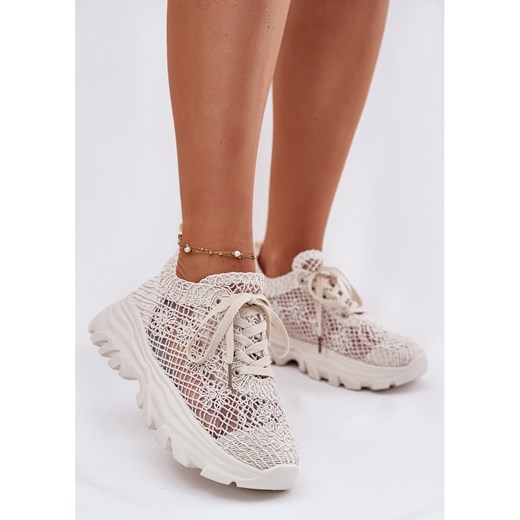 Sneakersy Damskie Z Szydełkową Cholewką Beżowe beżowy ze sklepu ButyModne.pl w kategorii Buty sportowe damskie - zdjęcie 183860790
