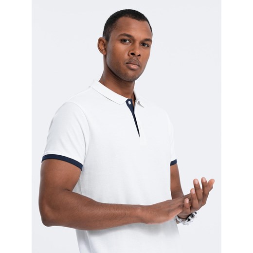 Bawełniana męska koszulka polo z kontrastowymi wykończeniami – biała V1 OM-POSS-0113 ze sklepu ombre w kategorii T-shirty męskie - zdjęcie 183875883