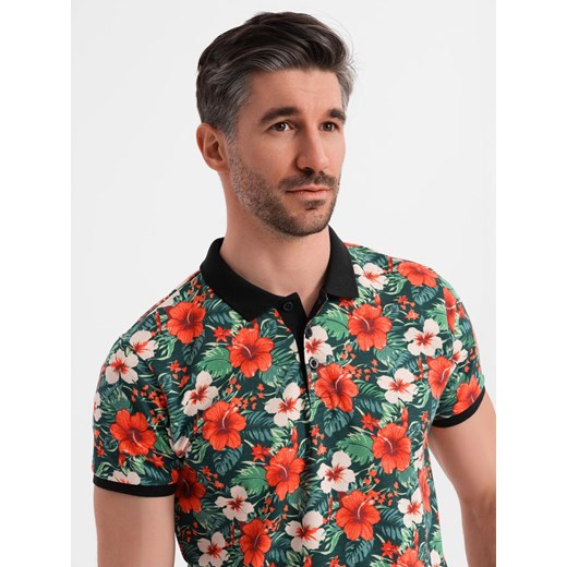 Polo koszulka bawełniana z nadrukiem w kwiaty – czarna V2 OM-POSS-0149 ze sklepu ombre w kategorii T-shirty męskie - zdjęcie 183875943