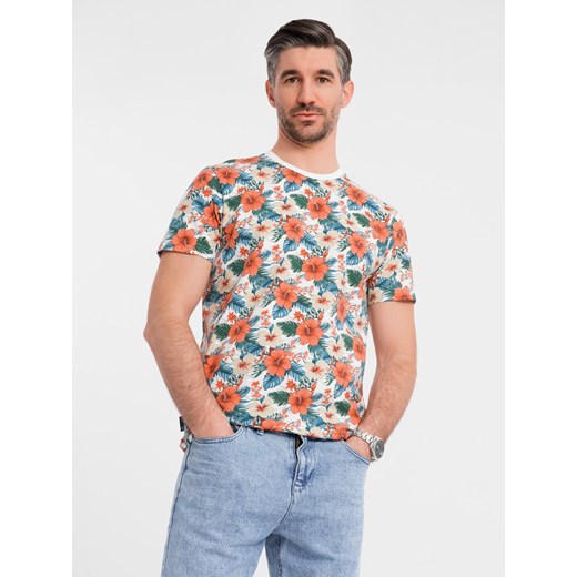 T-shirt męski bawełniany w kwiatowy wzór full print – biały V1 OM-TSFP-0249 ze sklepu ombre w kategorii T-shirty męskie - zdjęcie 183875961