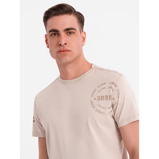 Męska bawełniana koszulka z nadrukiem w militarnym stylu – beżowa V1 OM-TSWT-0202 ze sklepu ombre w kategorii T-shirty męskie - zdjęcie 183876114