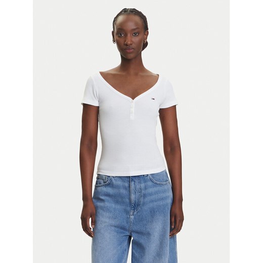 Tommy Jeans T-Shirt Henley DW0DW20902 Biały Slim Fit ze sklepu MODIVO w kategorii Bluzki damskie - zdjęcie 183888083