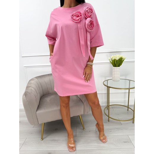 Pudrowa Sukienka Oversize z Ozdobami ze sklepu ModnaKiecka.pl w kategorii Sukienki - zdjęcie 183889590
