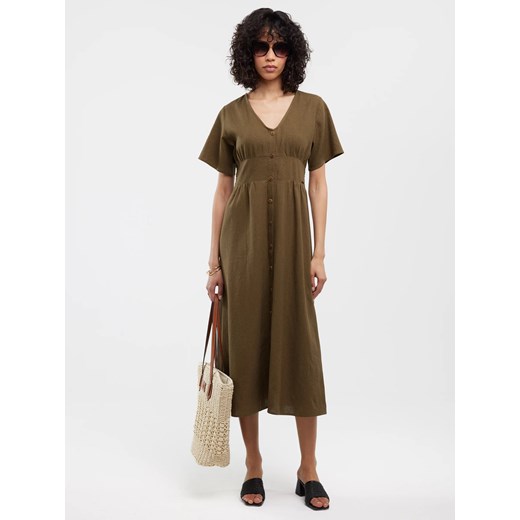 Sukienka damska midi lniana khaki Victorine 303 ze sklepu Big Star w kategorii Sukienki - zdjęcie 183929573