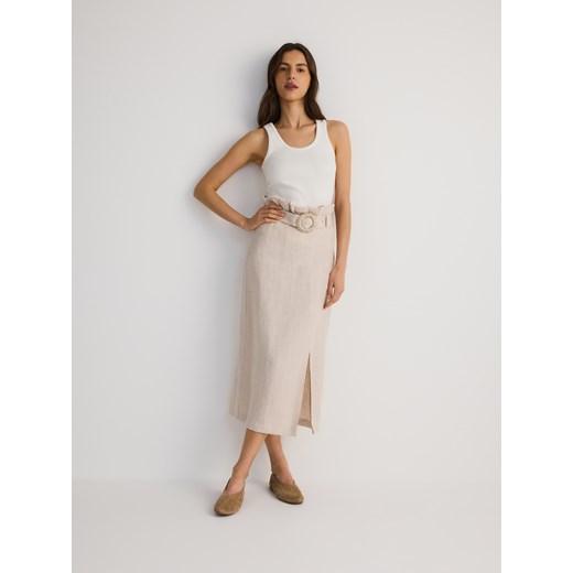 Reserved - Lniana spódnica z paskiem - beżowy ze sklepu Reserved w kategorii Spódnice - zdjęcie 183929863