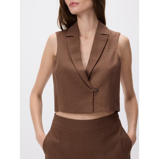Reserved - Krótka kamizelka z lnem - ciemnobrązowy ze sklepu Reserved w kategorii Kamizelki damskie - zdjęcie 183936041