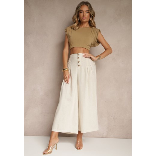 Beżowe Spodnie Culottes High Waist z Bawełny Zdobione Guzikami Izuma ze sklepu renee.pl w kategorii Spodnie damskie - zdjęcie 183936254