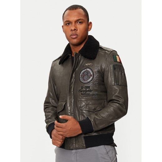 Aeronautica Militare Kurtka skórzana 242PN953PL147 Szary Regular Fit ze sklepu MODIVO w kategorii Kurtki męskie - zdjęcie 183947451