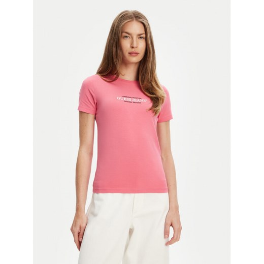 Guess Jeans T-Shirt W4YI03 J1314 Różowy Slim Fit ze sklepu MODIVO w kategorii Bluzki damskie - zdjęcie 183999461