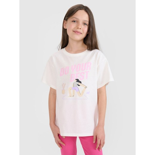 Dziewczęcy t-shirt z nadrukiem 4F 4FJRSS25TTSHF2644 - biały ze sklepu Sportstylestory.com w kategorii Bluzki dziewczęce - zdjęcie 184006281