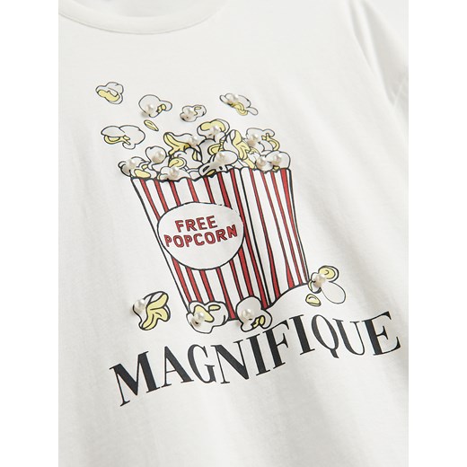 Reserved - T-shirt oversize z nadrukiem - złamana biel Reserved L Reserved