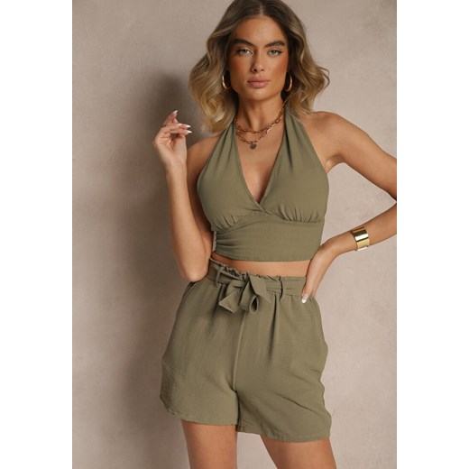 Ciemnozielone Luźne Szorty Bermudy High Waist z Gumką i Materiałowym Paskiem w Talii Renetta ze sklepu renee.pl w kategorii Szorty - zdjęcie 184012780