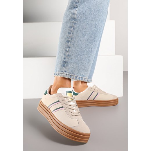 Beżowo-Zielone Sneakersy na Platformie z Minimalistycznymi Przeszyciami Teritha ze sklepu born2be.pl w kategorii Buty sportowe damskie - zdjęcie 184014160
