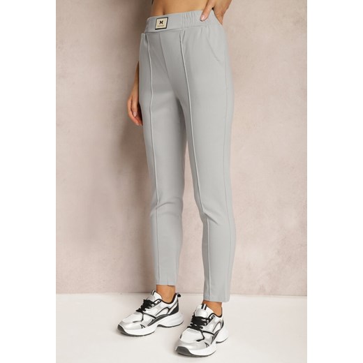 Jasnoszare Spodnie High Waist z Elastycznego Materiału Wykończone Gumką Rigadona ze sklepu renee.pl w kategorii Spodnie damskie - zdjęcie 184014642