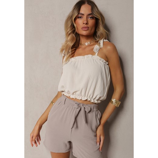 Ciemnobeżowe Luźne Szorty Bermudy High Waist z Gumką i Materiałowym Paskiem w Talii Renetta ze sklepu renee.pl w kategorii Szorty - zdjęcie 184014654
