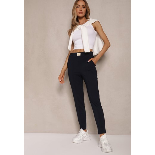 Granatowe Spodnie High Waist z Elastycznego Materiału Wykończone Gumką Rigadona ze sklepu renee.pl w kategorii Spodnie damskie - zdjęcie 184014680