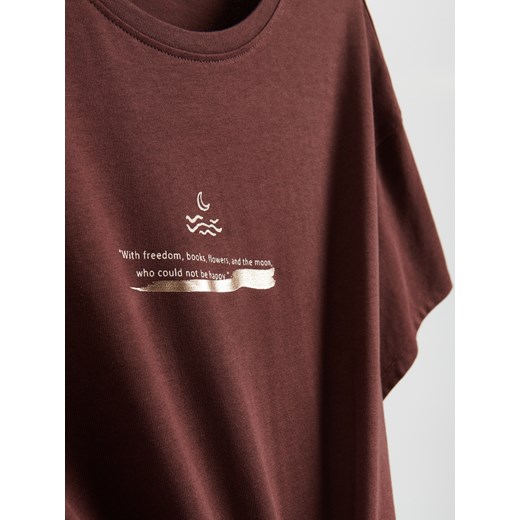 Reserved - Bawełniany t-shirt z nadrukiem - ciemnobrązowy Reserved XXL Reserved