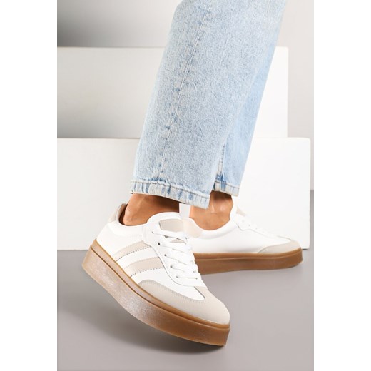 Biało-Beżowe Sneakersy na Kauczukowej Podeszwie Ozdobione Paskami Nilimea ze sklepu renee.pl w kategorii Buty sportowe damskie - zdjęcie 184035670